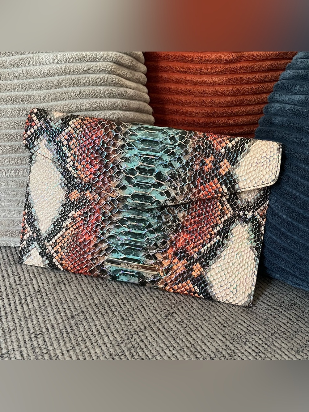 NWT Brahmin multicolor iridescent snakeskin leather envelope clutch multi Hansen
